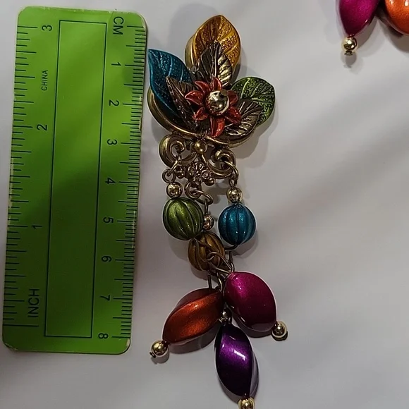 Multicolor Floral Leaf Drop Earrings and Enamel Stud Set - Women Jewelry - Picture 7 of 7